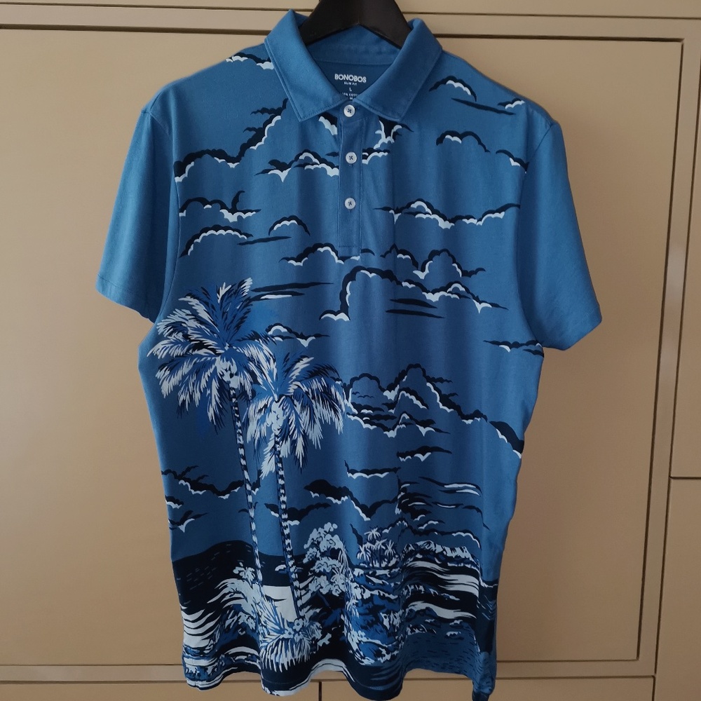 Bonobos Blue Palm Tree Slim Fit Polo Shirt - (L) - Picture 1 of 8